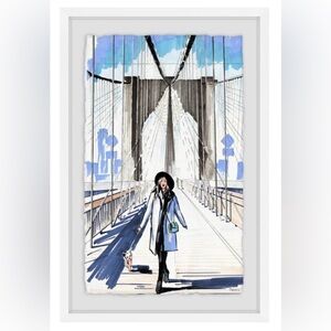 "Bridge Runway" Framed Print By Parvez Taj Watercolor City Woman Dog 20" x 16"